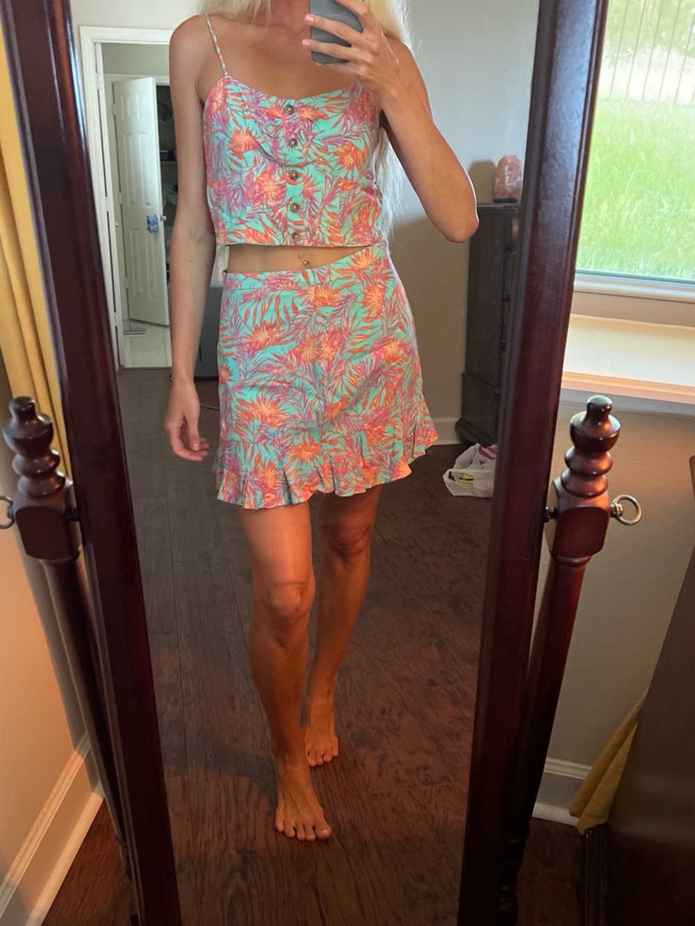Tropical Print Crop Skirt Set - Aqua & Coral